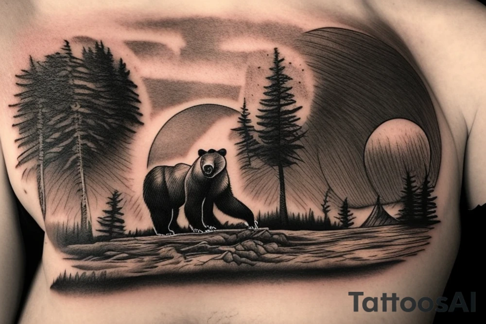 a bear watching a sunset at mountains tattoo idea