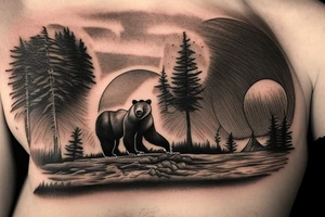 a bear watching a sunset at mountains tattoo idea