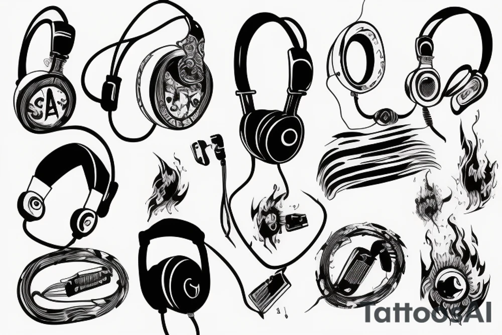 Headphones with music exploding around it and an electric guitar tattoo idea