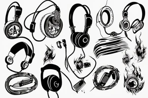 Headphones with music exploding around it and an electric guitar tattoo idea
