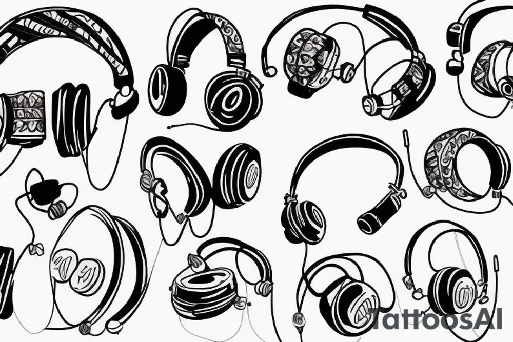Headphones with music exploding around it and an electric guitar tattoo idea