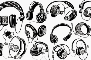 Headphones with music exploding around it and an electric guitar tattoo idea