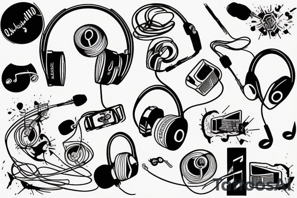 Headphones with music exploding around it and an electric guitar tattoo idea
