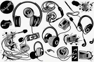 Headphones with music exploding around it and an electric guitar tattoo idea