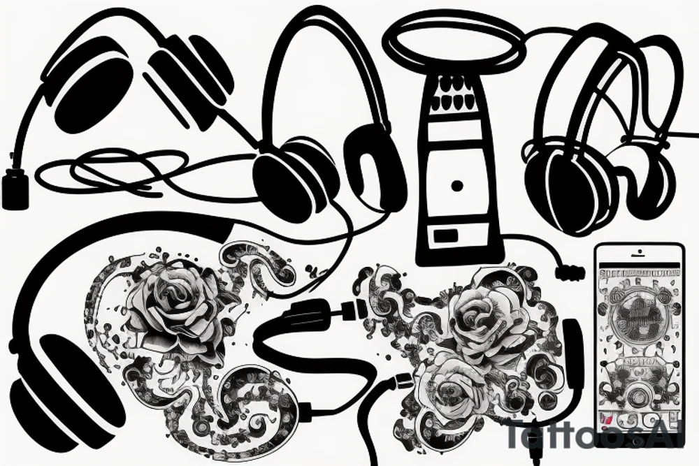 Headphones with music exploding around it and an electric guitar tattoo idea