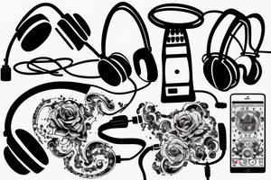 Headphones with music exploding around it and an electric guitar tattoo idea