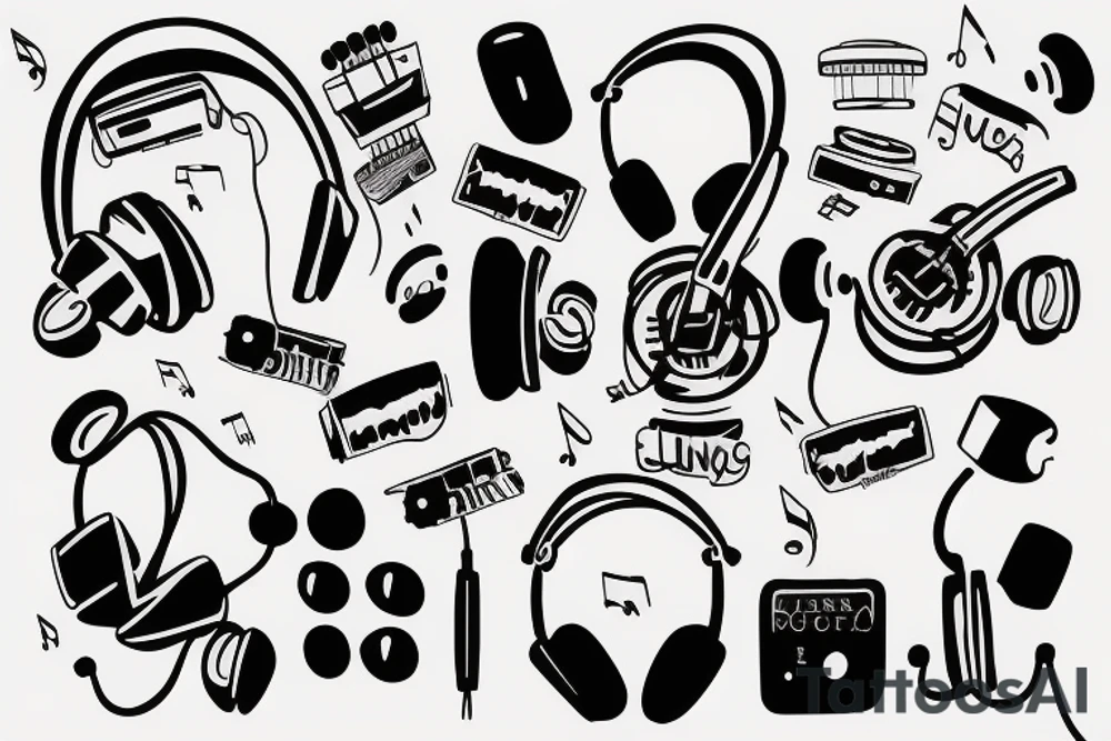 Headphones with music exploding around it and an electric guitar tattoo idea