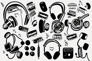 Headphones with music exploding around it and an electric guitar tattoo idea