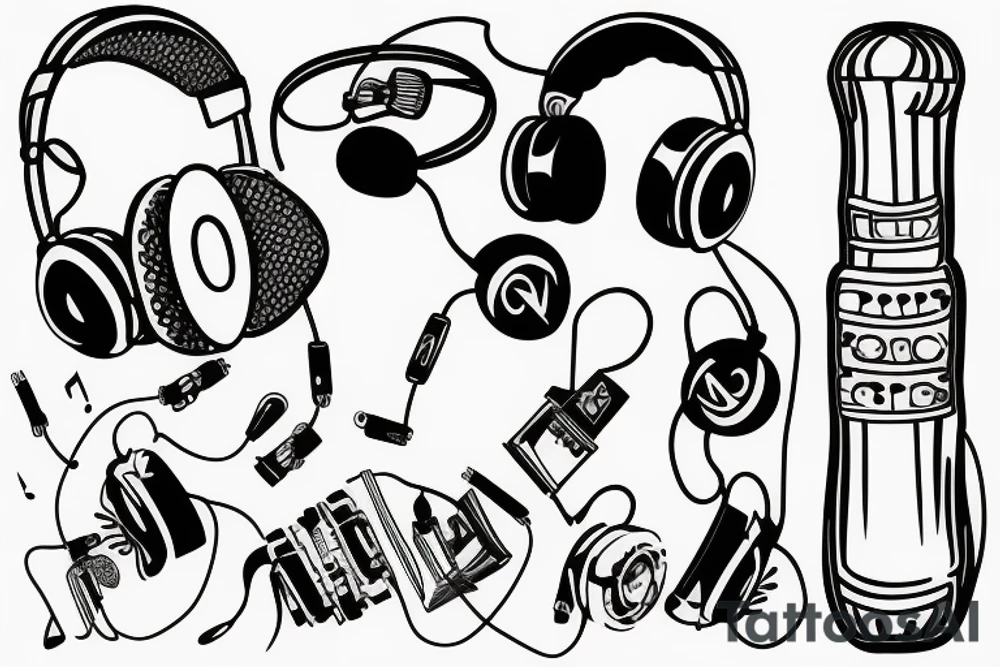 Headphones with music exploding around it and an electric guitar tattoo idea
