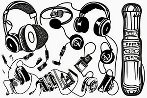 Headphones with music exploding around it and an electric guitar tattoo idea