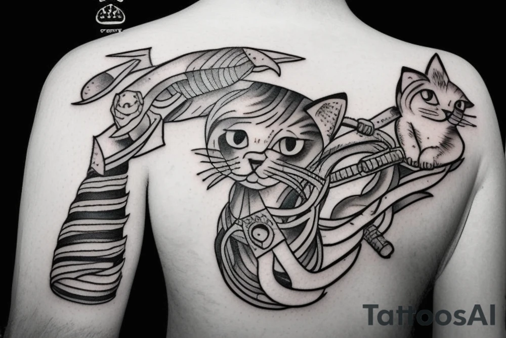 Half cat half human holding a battle-axe tattoo idea