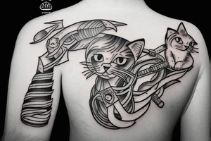 Half cat half human holding a battle-axe tattoo idea