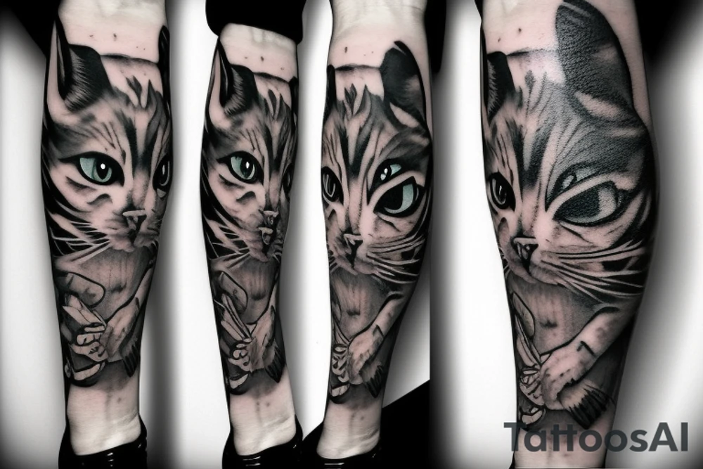 Half cat half human holding a battle-axe tattoo idea
