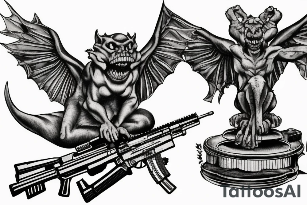 Gargoyle sitting on an automatic rifle tattoo idea