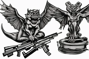 Gargoyle sitting on an automatic rifle tattoo idea
