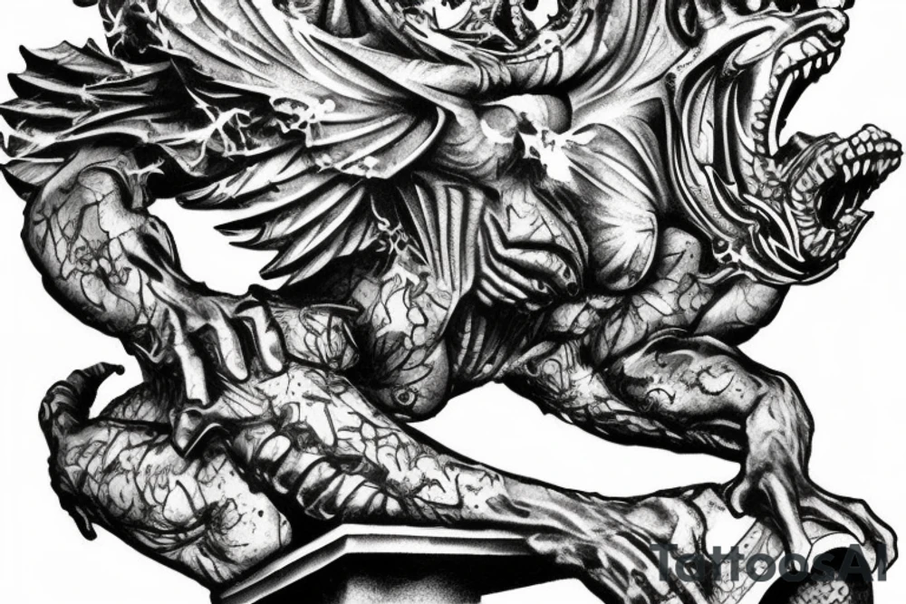 Gargoyle sitting on an automatic rifle tattoo idea
