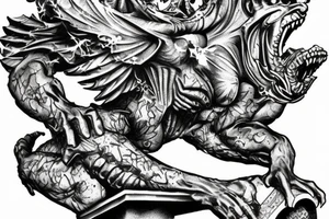 Gargoyle sitting on an automatic rifle tattoo idea