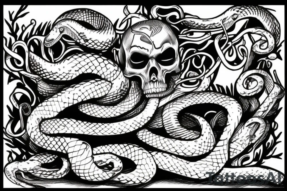 a snake slithering through a burning skull tattoo idea