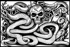 a snake slithering through a burning skull tattoo idea
