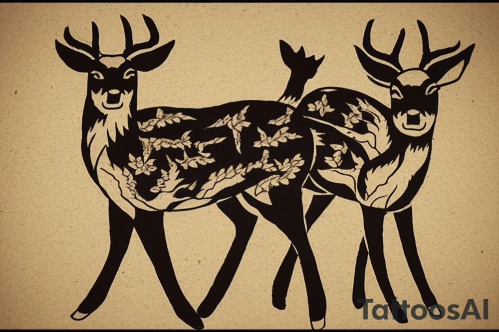 tattoo design of Shikamaru Nara surrounded by three deer in the Japanese traditional style. Use the shadow technique to create the effect of movement and depth. The size of the tattoo should be 15cm wide and 20cm tall. The color scheme should be traditional Japanese colors such as black, grey, red, and golden. The design should be detailed and realistic, while also reflecting the style of traditional Japanese art tattoo idea