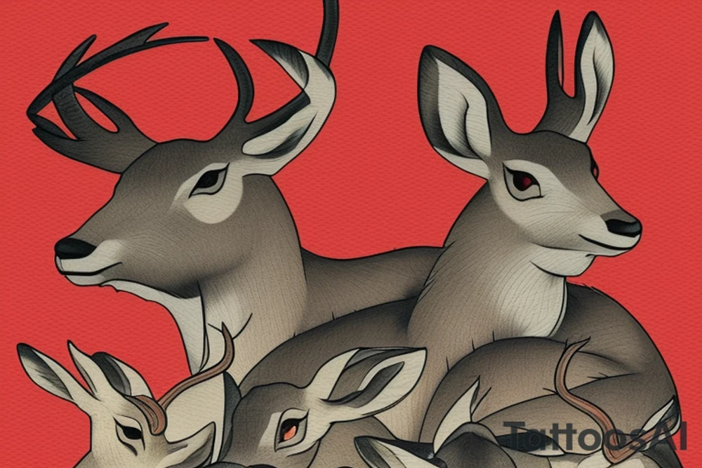 tattoo design of Shikamaru Nara surrounded by three deer in the Japanese traditional style. Use the shadow technique to create the effect of movement and depth. The size of the tattoo should be 15cm wide and 20cm tall. The color scheme should be traditional Japanese colors such as black, grey, red, and golden. The design should be detailed and realistic, while also reflecting the style of traditional Japanese art tattoo idea