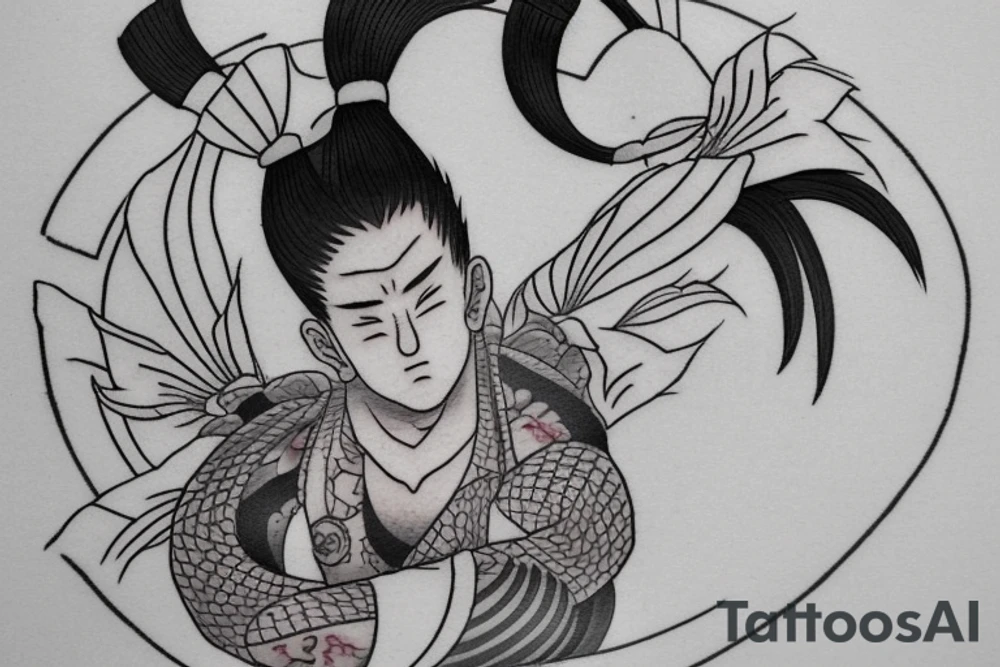 tattoo design of Shikamaru Nara in the Japanese traditional style. Use the shadow technique to create the effect of movement and depth. The size of the tattoo should be 15cm wide and 20cm tall. The color scheme should be traditional Japanese colors such as black, grey, red, and golden. The design should be detailed and realistic, while also reflecting the style of traditional Japanese art tattoo idea