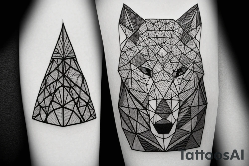 geometric Wolf in a fir Forest near a pyramid tattoo idea