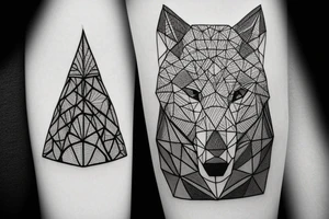 geometric Wolf in a fir Forest near a pyramid tattoo idea