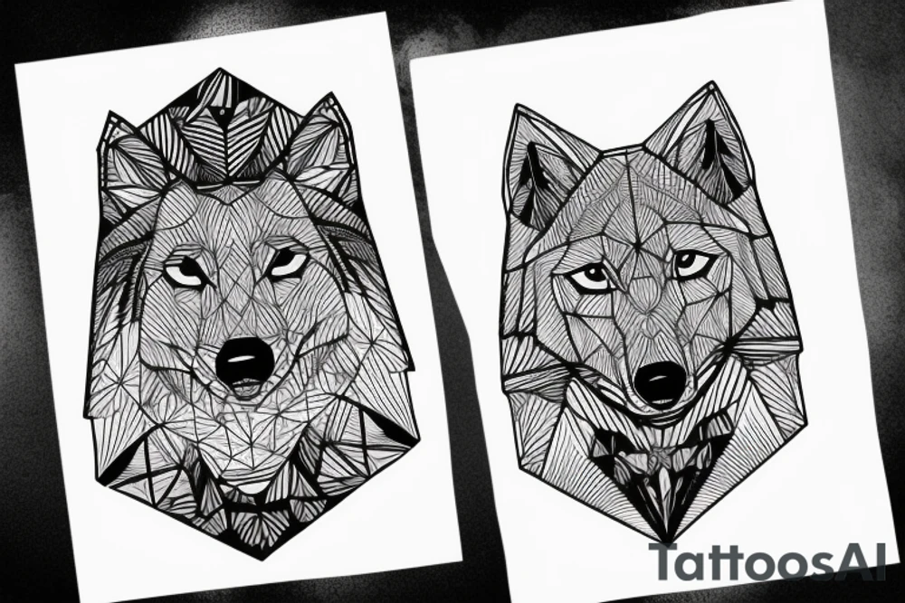 geometric Wolf in a fir Forest near a pyramid tattoo idea