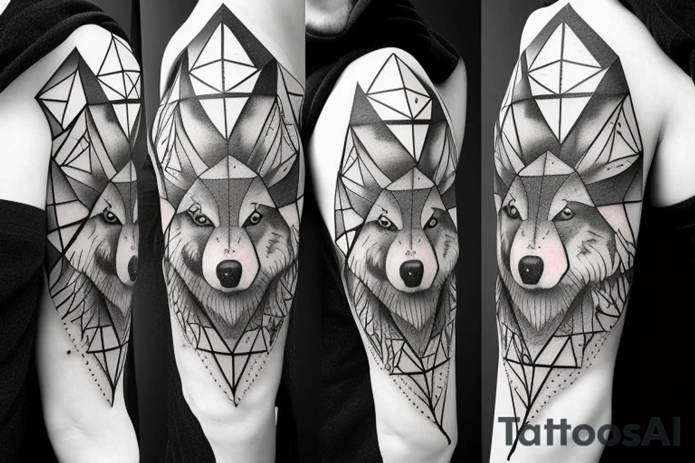 Half realistic wolf half geometric wolf in fir forest with pyramid tattoo idea