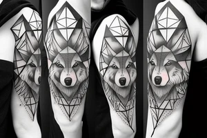Half realistic wolf half geometric wolf in fir forest with pyramid tattoo idea