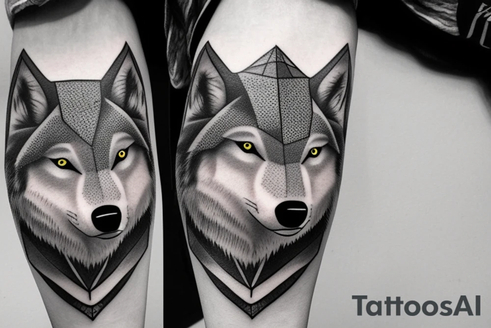 Half realistic wolf half geometric wolf in fir forest with pyramid tattoo idea