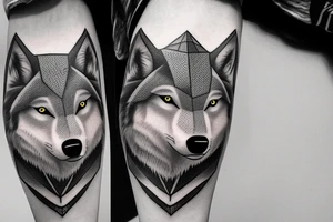 Half realistic wolf half geometric wolf in fir forest with pyramid tattoo idea