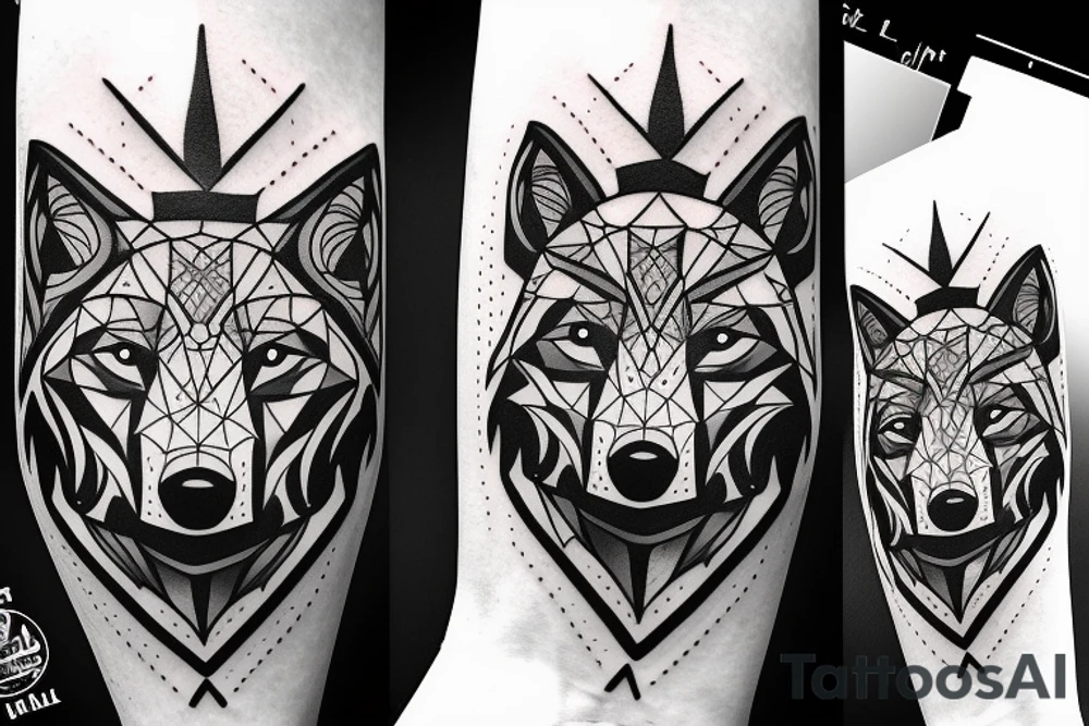 a Wolf. Leftside Geometric Style. RIghtside Realisic. Between Fir Trees tattoo idea
