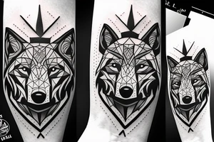 a Wolf. Leftside Geometric Style. RIghtside Realisic. Between Fir Trees tattoo idea