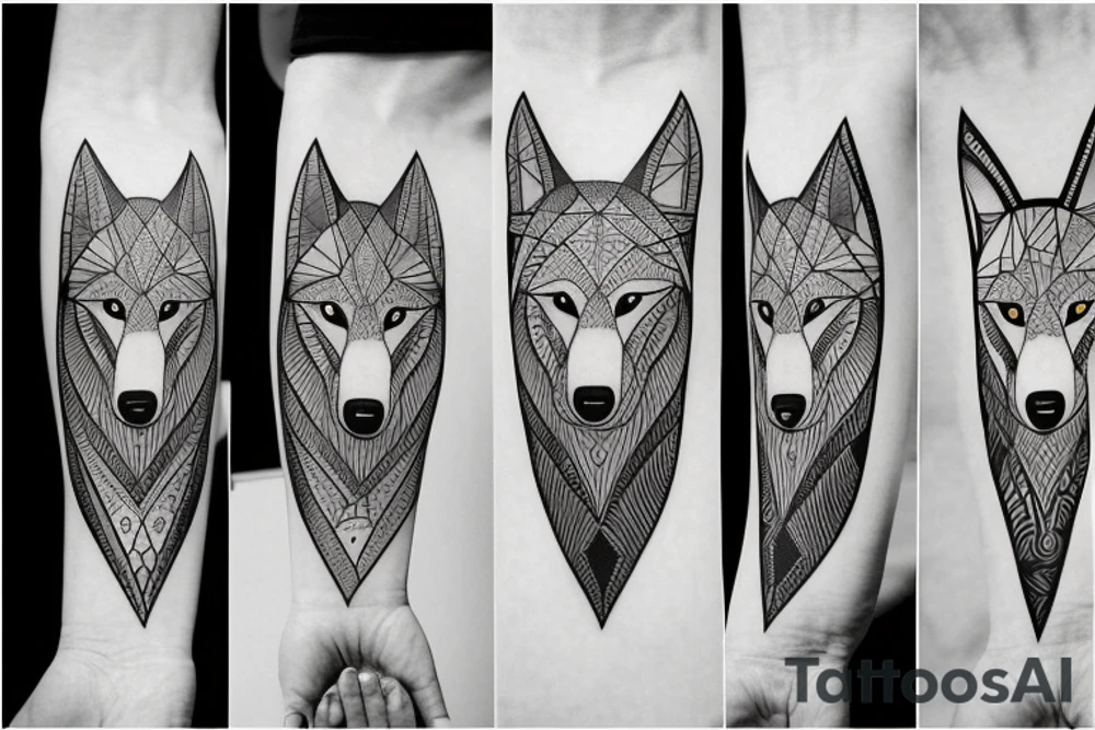 a Wolf. Leftside Geometric Style. RIghtside Realisic. Between Fir Trees tattoo idea