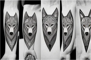 a Wolf. Leftside Geometric Style. RIghtside Realisic. Between Fir Trees tattoo idea