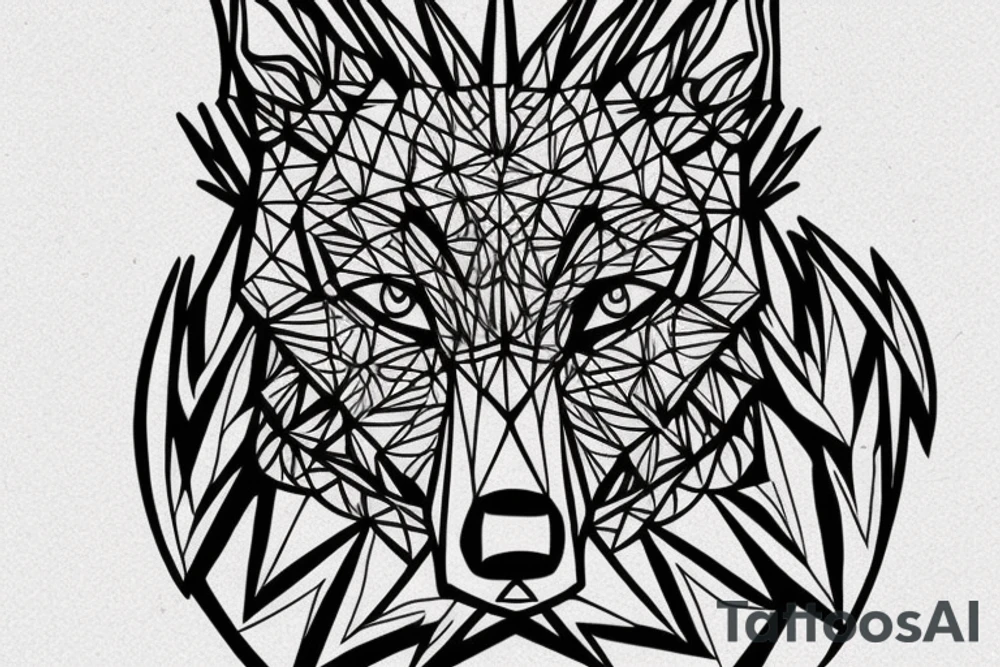 A wolf's head split vertically. The left side in a geometric style and the right side realistic. Around the wolf's head there is a fir forest in which a pyramid stands. A plane flies over the forest with a banner that says TSN00134. tattoo idea
