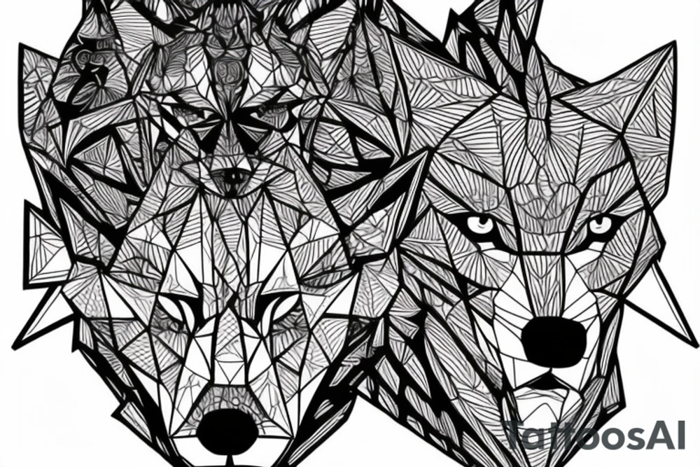 A wolf's head split vertically. The left side in a geometric style and the right side realistic. Around the wolf's head there is a fir forest in which a pyramid stands. A plane flies over the forest with a banner that says TSN00134. tattoo idea