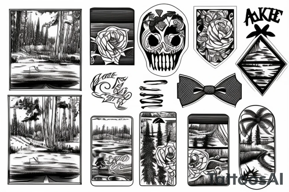Lake, cabin, trees, and bandana tattoo idea