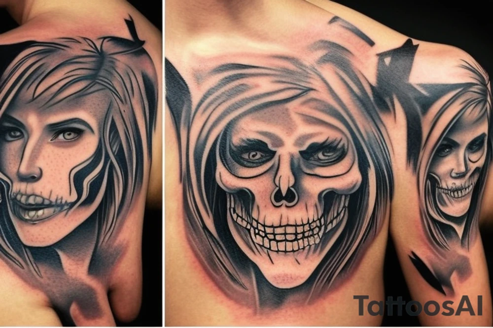 One face, west side should be the face of a male angel with a blue pupil. And the right side of the face can be the face of a grimreaper with a red pupil. The rest of the face should be painted in black and gray. tattoo idea