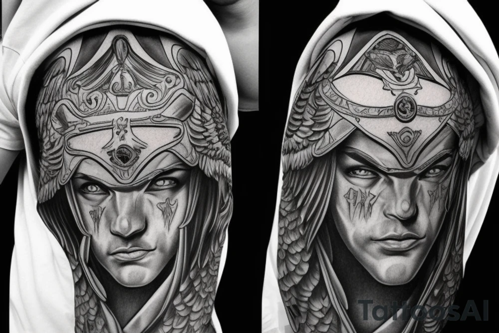 A male Guardian Angels face in a hood tattoo idea