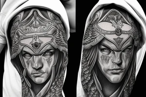 A male Guardian Angels face in a hood tattoo idea