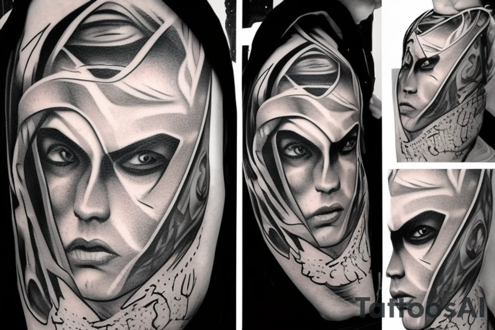 A heros face in a hood tattoo idea