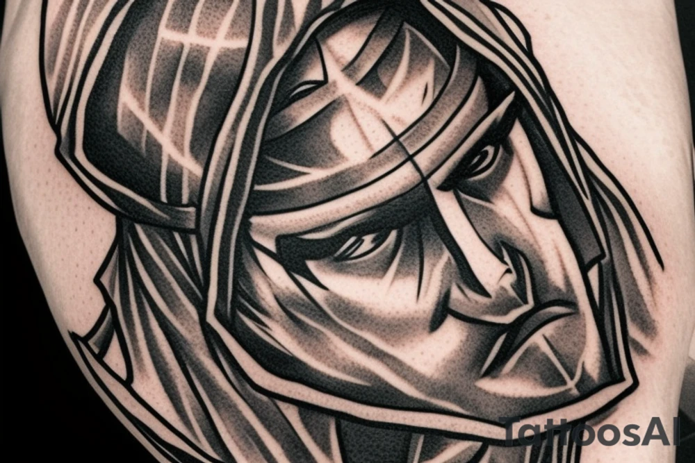 A Knights face in a hood tattoo idea