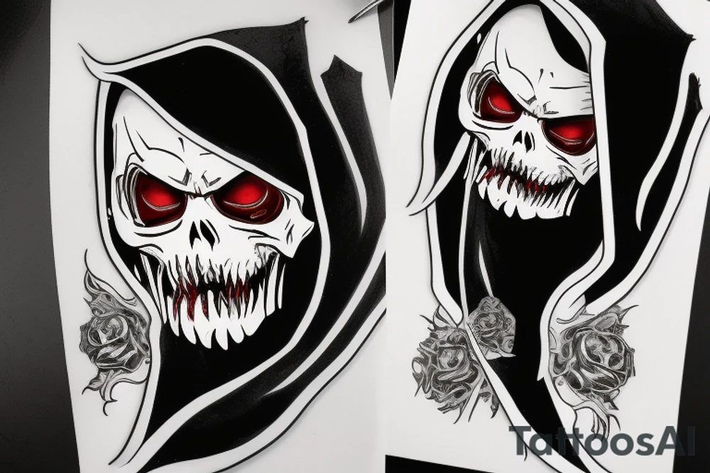 Grimreaper with big sharp canine in a hood. Red pupils tattoo idea