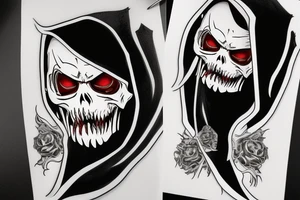 Grimreaper with big sharp canine in a hood. Red pupils tattoo idea