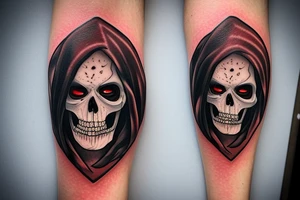 Grimreaper with big sharp canine in a hood. Red pupils tattoo idea