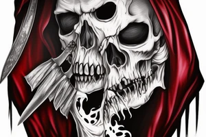 Grimreaper with big sharp canine in a hood. Red pupils tattoo idea