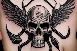 Grimreaper with big sharp canine in a hood. Red pupils tattoo idea